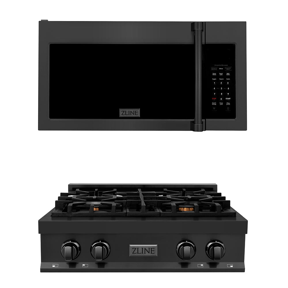 ZLINE Kitchen Package with 30 in. Black Stainless Steel Rangetop and 30 in. Over The Range Microwave with Traditional Handle (2KP-RTBOTRH30)