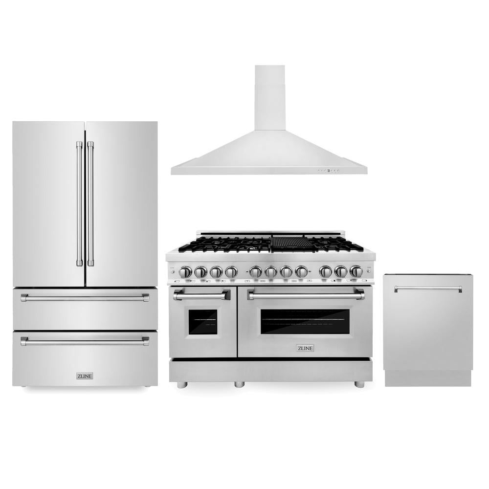 ZLINE Kitchen Package with Refrigerator, 48 in. Stainless Steel Dual Fuel Range, 48 in. Convertible Vent Range Hood and 24 in. Tall Tub Dishwasher (4KPR-RARH48-DWV)