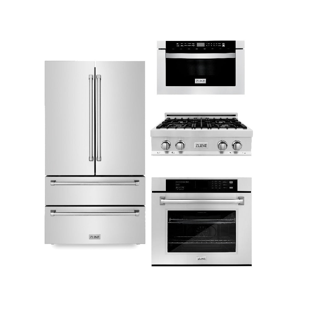 ZLINE Kitchen Package with Refrigerator, 30 in. Stainless Steel Rangetop, 30 in. Single Wall Oven, 30 in. Microwave Oven (4KPR-RT30-MWAWS)
