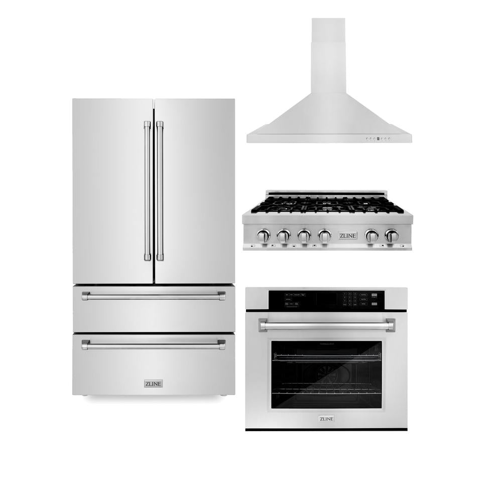ZLINE Kitchen Package with Refrigerator, 36 in. Stainless Steel Rangetop, 36 in. Range Hood and 30 in. Single Wall Oven (4KPR-RTRH36-AWS)