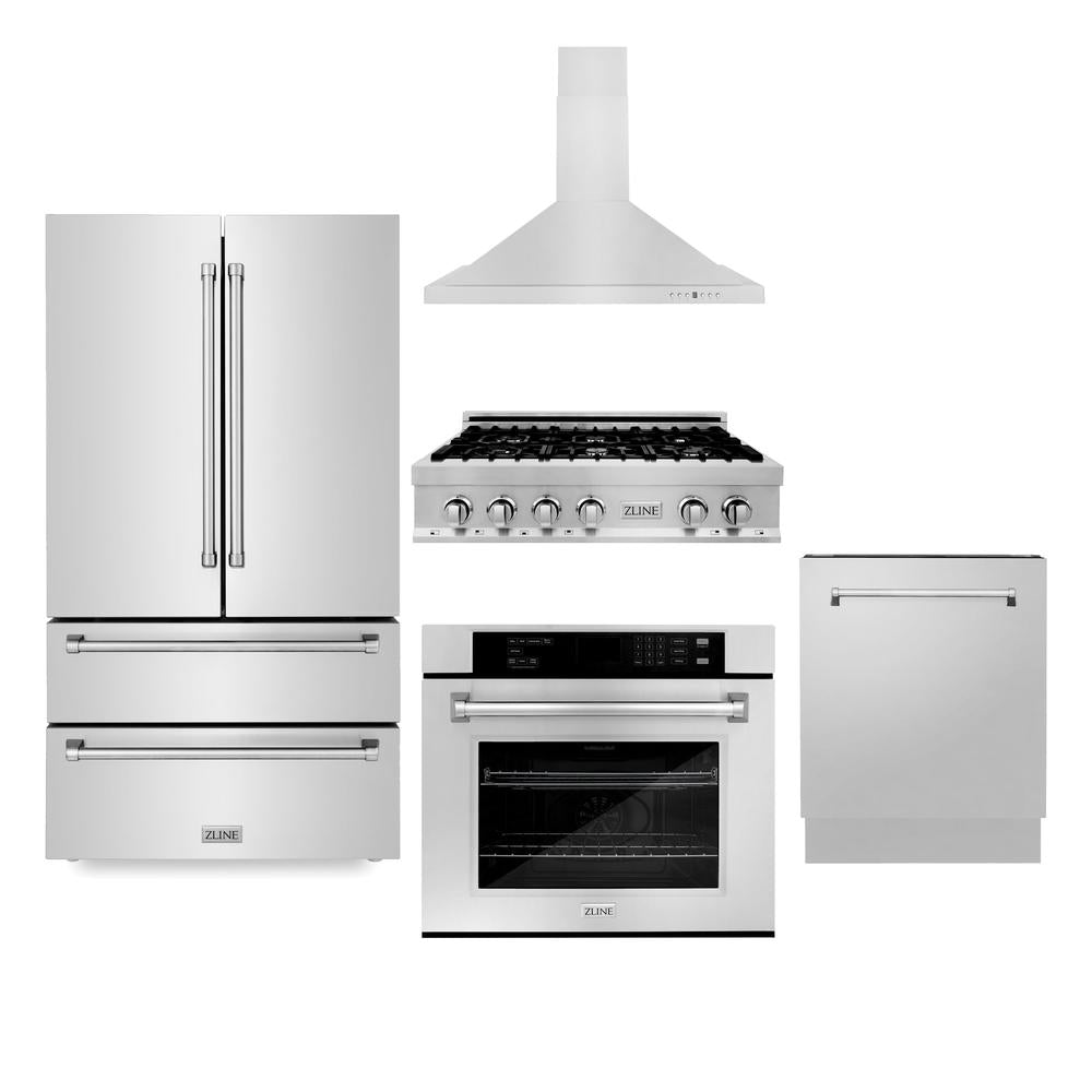 ZLINE Kitchen Package with Refrigerator, 36 in. Stainless Steel Rangetop, 36 in. Range Hood, 30 in. Single Wall Oven and 24 in. Tall Tub Dishwasher (5KPR-RTRH36-AWSDWV)