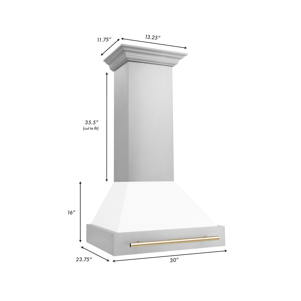 ZLINE Autograph Edition 30 in. Stainless Steel Range Hood with White Matte Shell and Polished Gold Handle (8654STZ-WM30-G)