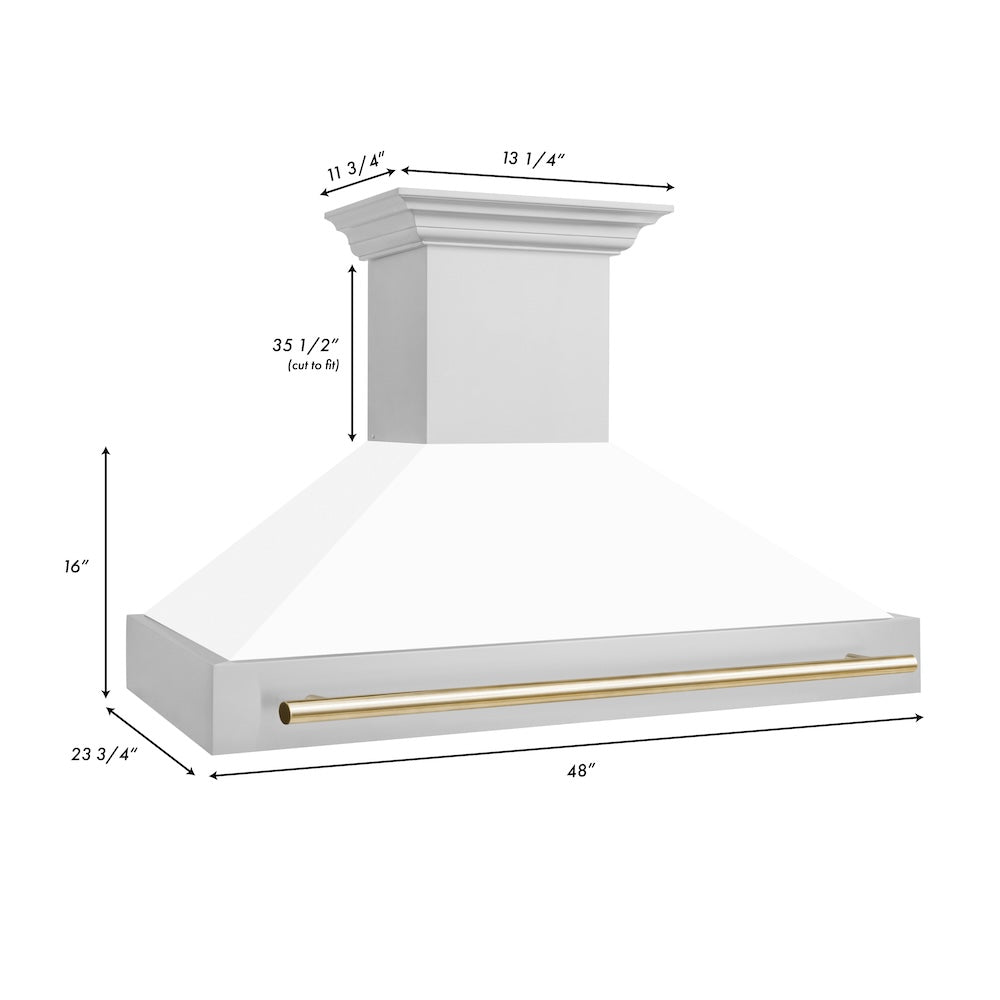ZLINE Autograph Edition 48 in. Stainless Steel Range Hood with White Matte Shell and Polished Gold Handle (8654STZ-WM48-G)