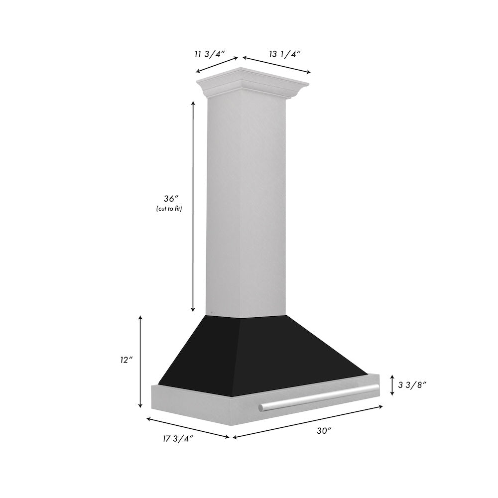 ZLINE 30 in. Convertible Satin Stainless Steel Wall Mount Range Hood with Black Matte Shell and Stainless Steel Handle (KB4SNX-BLM-30)