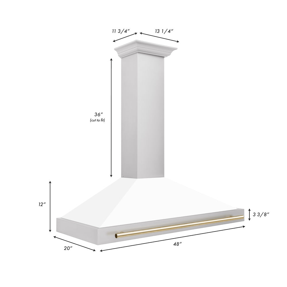 ZLINE Autograph Edition 48 in. Convertible Stainless Steel Range Hood with White Matte Shell and Polished Gold Accents (KB4STZ-WM48-G)