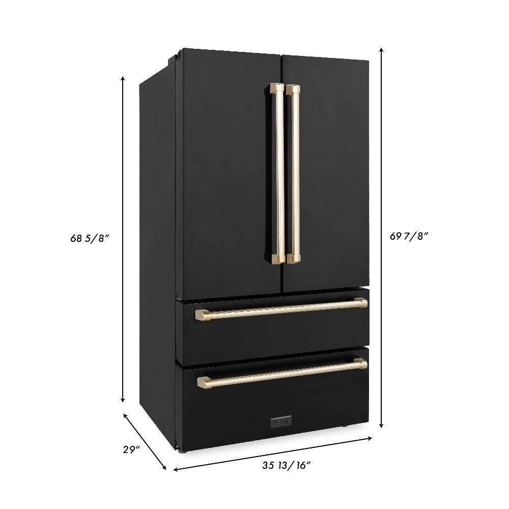 ZLINE Autograph Edition 36 in. Kitchen Package with Black Stainless Steel Dual Fuel Range, Range Hood, Dishwasher and Refrigerator with Polished Gold Accents (4AKPR-RABRHDWV36-G)
