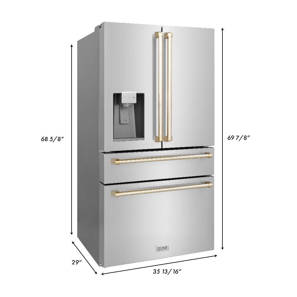 ZLINE Autograph Edition 36 in. Kitchen Package with Stainless Steel Dual Fuel Range, Range Hood, Dishwasher and Refrigerator Including External Water Dispenser with Polished Gold Accents (4AKPR-RARHDWM36-G)