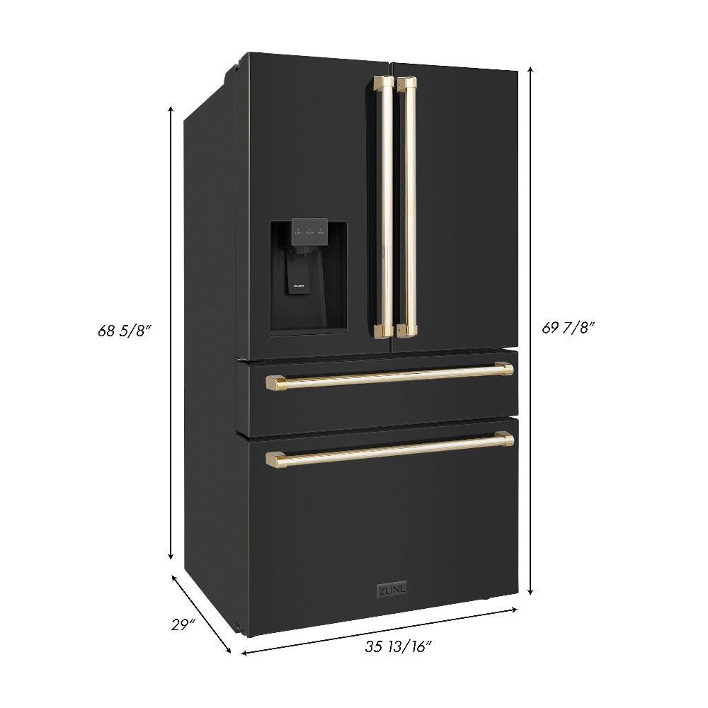 ZLINE Autograph Edition 48 in. Kitchen Package with Black Stainless Steel Dual Fuel Range, Range Hood, Dishwasher and Refrigerator Including External Water Dispenser with Polished Gold Accents (4AKPR-RABRHDWV48-G)