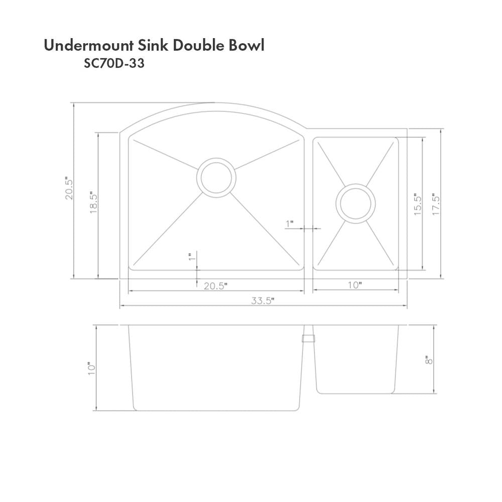ZLINE Cortina 33 in. Undermount Double Bowl Stainless Steel Kitchen Sink with Bottom Grid (SC70D-33)