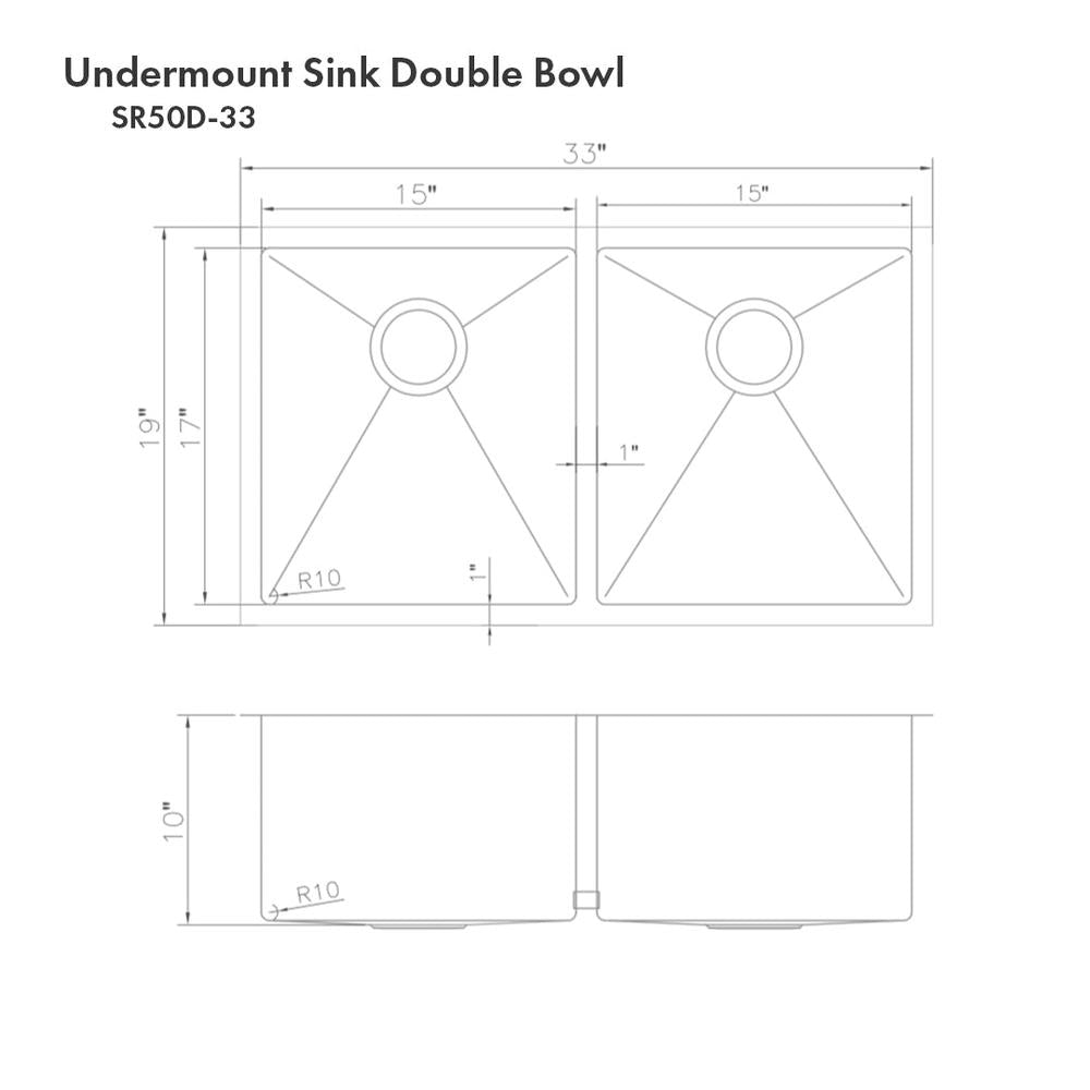 ZLINE 33 in. Anton Undermount Double Bowl Stainless Steel Kitchen Sink with Bottom Grid (SR50D-33)