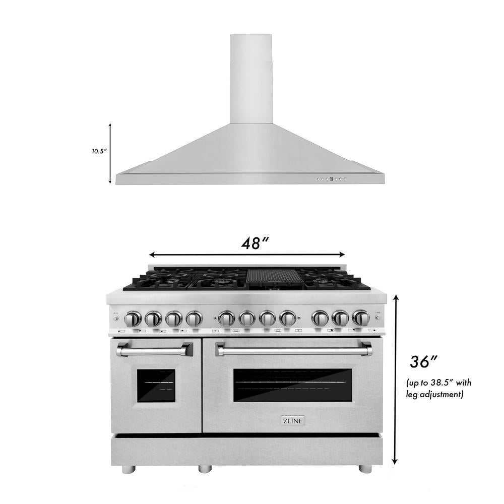 ZLINE 48 in. Kitchen Package with Satin Stainless Steel Dual Fuel Range and Convertible Vent Range Hood (2KP-RASNRH48)