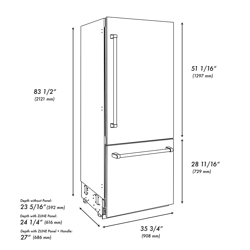 ZLINE Autograph Edition 36 in. 19.8 cu. ft. Built-In Bottom Freezer Refrigerator with Water Dispenser and Ice Maker in Black Stainless Steel with Graphite Gray Interior and Champagne Bronze Helix Handles (GRBITZ-BS36-KCB)