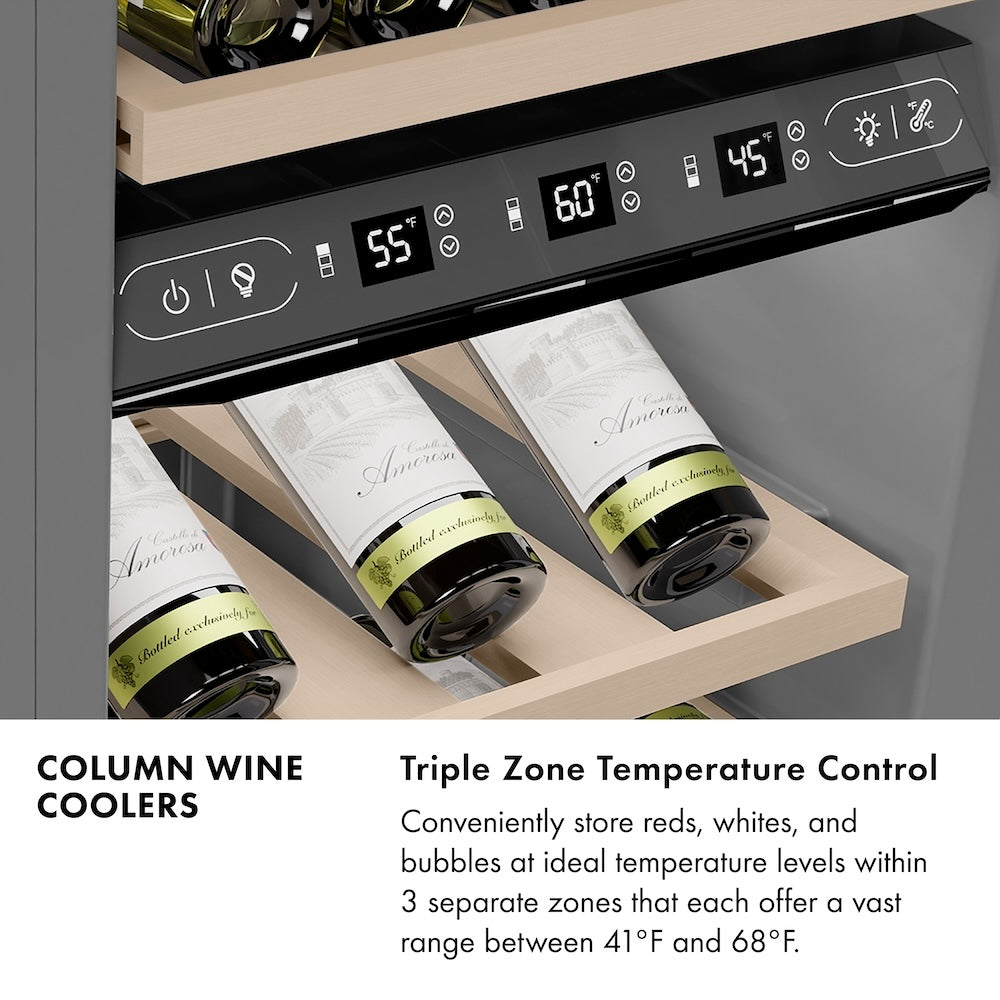 ZLINE Autograph Edition 18 in. 9.0 cu. ft. Triple Zone 68 Bottle Left Hinge Column Wine Cooler in White Matte with Polished Gold Accents (RCWVLZ-WM-18-G)