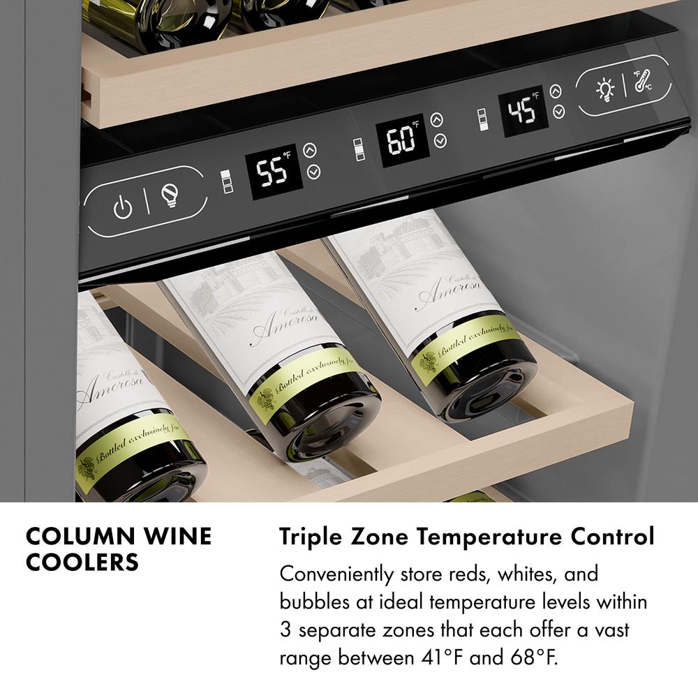 ZLINE Autograph Edition 18 in. 9.0 cu. ft. Triple Zone 68 Bottle Left Hinge Column Wine Cooler in Satin Stainless Steel with Polished Gold Accents (RCWVLZ-SN-18-G)