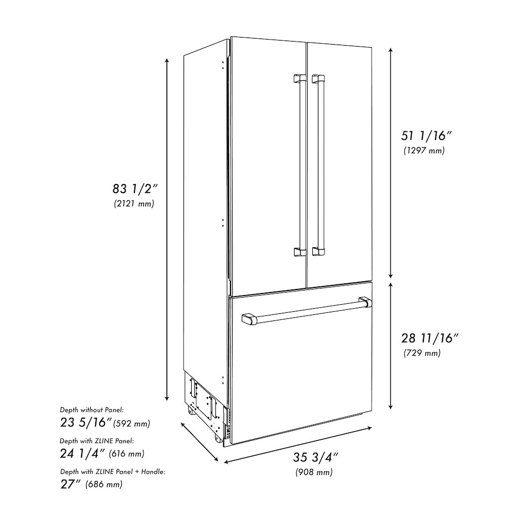 ZLINE 36 in. 19.6 cu. ft. French Door Built-In Bottom Freezer Refrigerator with Water Dispenser and Ice Maker in Stainless Steel with Stainless Steel Interior (SRBIV-304-36)