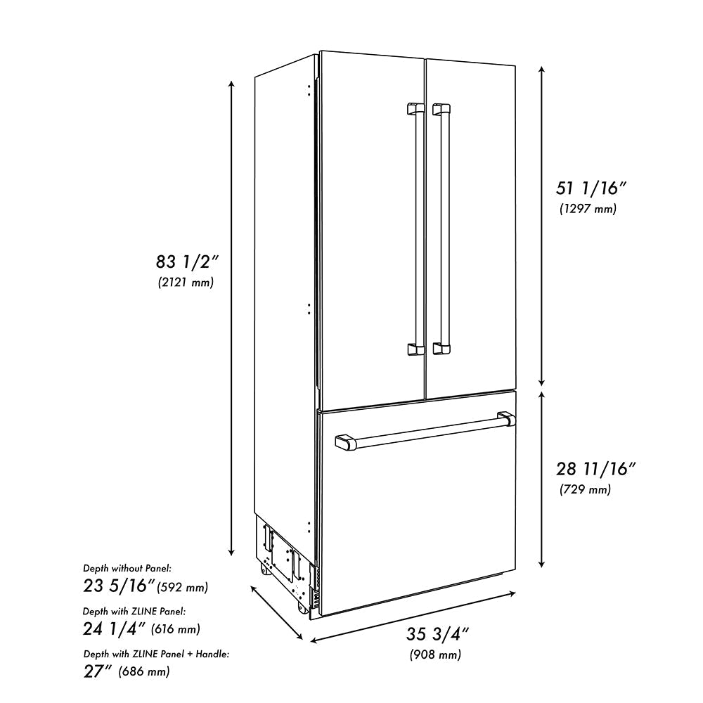 ZLINE Autograph Edition 36 in. 19.6 cu. ft. French Door Built-In Bottom Freezer Refrigerator with Water Dispenser and Ice Maker in Stainless Steel with Stainless Steel Interior and Polished Gold Helix Handles (SRBIVZ-30436KG)