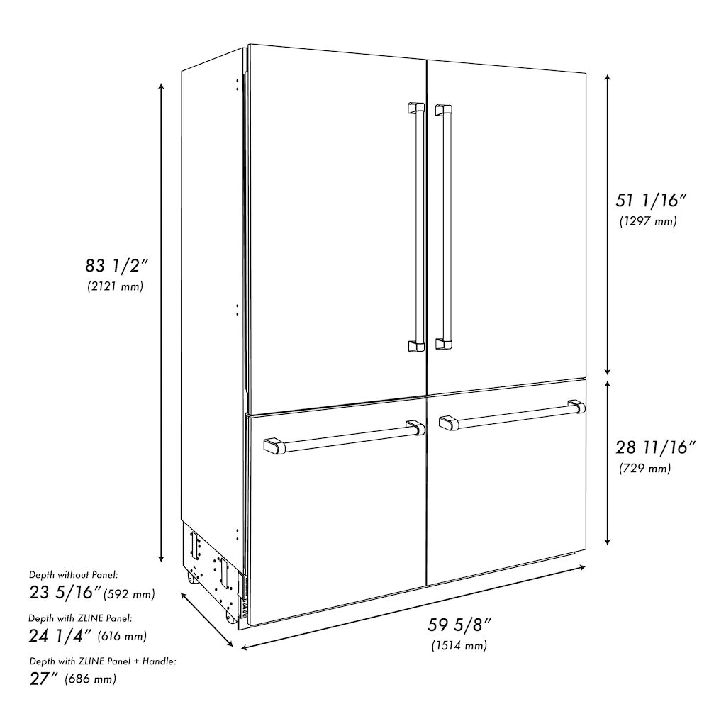 ZLINE Autograph Edition 60 in. 32.2 cu. ft. French Door Built-In Bottom Freezer Refrigerator with Water Dispenser and Ice Maker in White Matte with Graphite Gray Interior and Polished Gold Accents (GRBIVZ-WM-60-G)