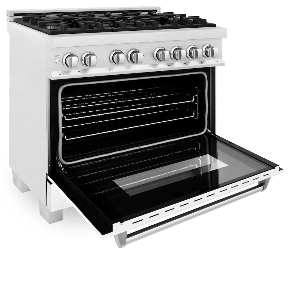 ZLINE 36 in. 4.6 cu. ft. Legacy Dual Fuel Range with 6 Burner Gas Cooktop and Electric Convection Oven in DuraSnow® Stainless Steel with White Matte Door and Griddle (RAS-WM-GR-36)