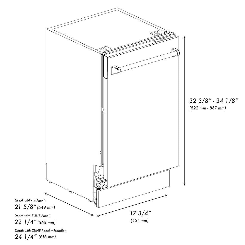 ZLINE 18 in. Tallac Series 3rd Rack Top Control Dishwasher with Satin Stainless Steel Panel and Stainless Steel Tub, 51dBa (DWV-SN-18)