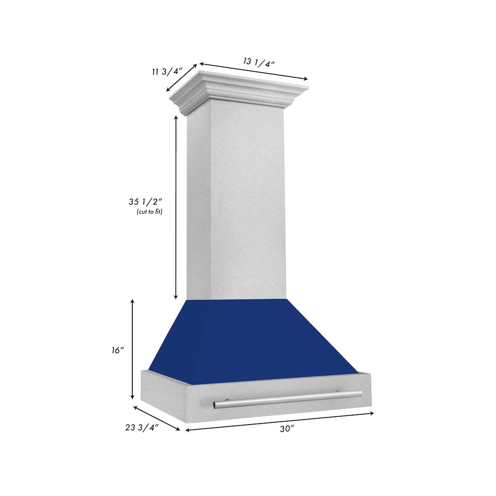 ZLINE 30 in. Satin Stainless Steel Wall Mount Range Hood with Blue Gloss Shell and Stainless Steel Handle (8654SNX-BG30)