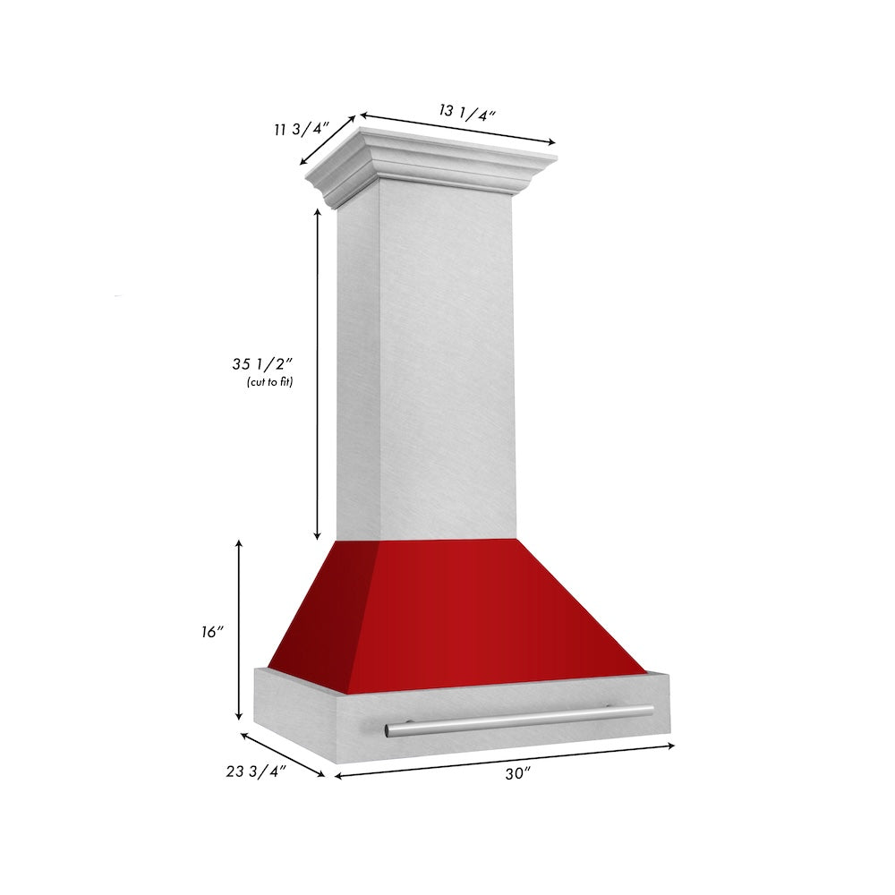ZLINE 30 in. Satin Stainless Steel Wall Mount Range Hood with Red Gloss Shell and Stainless Steel Handle (8654SNX-RG-30)