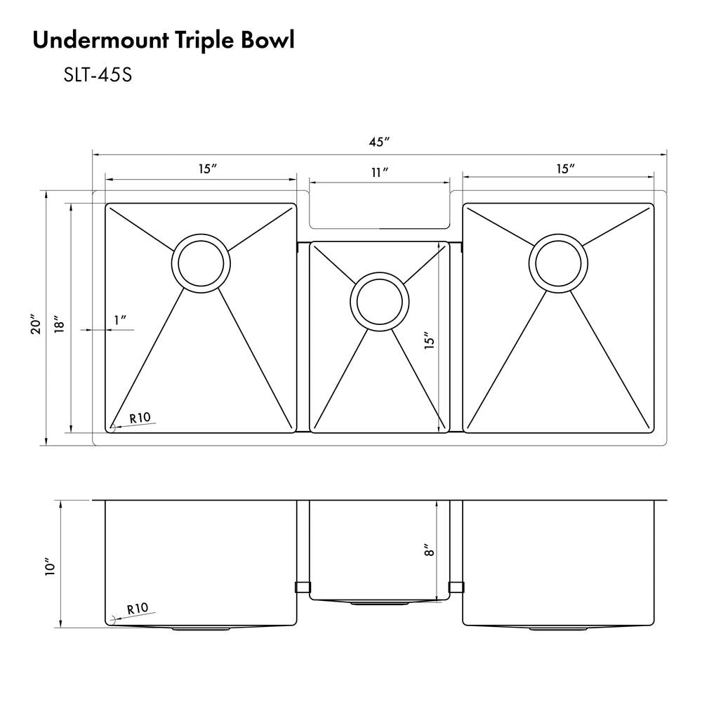 ZLINE 45 in. Breckenridge Undermount Triple Bowl Satin Stainless Steel Kitchen Sink with Bottom Grid (SLT-45S)