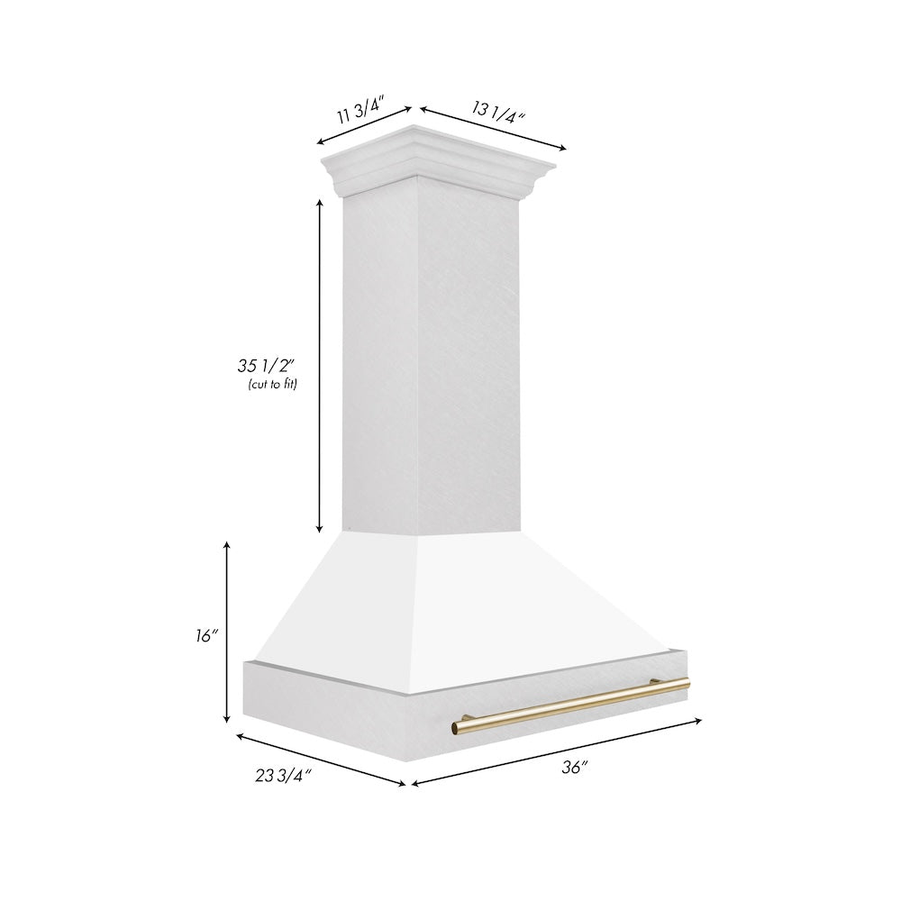 ZLINE Autograph Edition 36 in. Satin Stainless Steel Wall Mount Range Hood with White Matte Shell and Polished Gold Handle (8654SNZ-WM36-G)