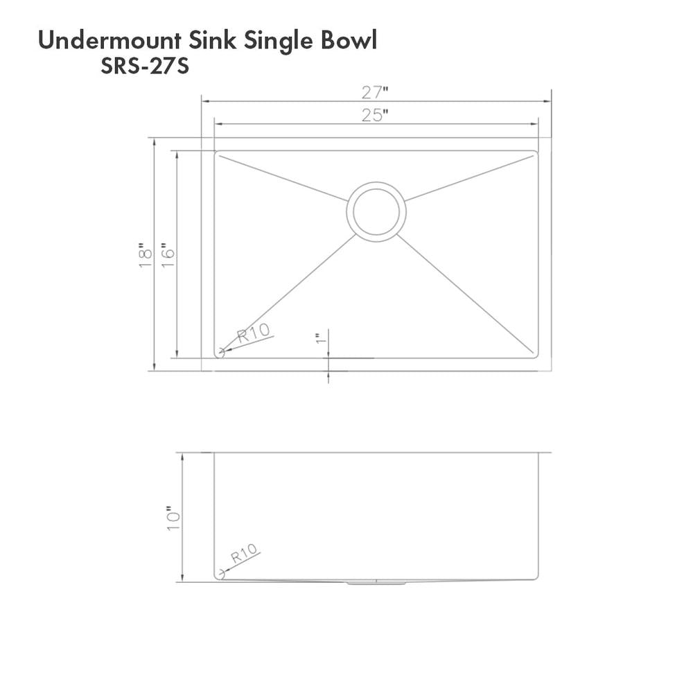 ZLINE 27 in. Meribel Undermount Single Bowl Stainless Steel Kitchen Sink with Bottom Grid (SRS-27)