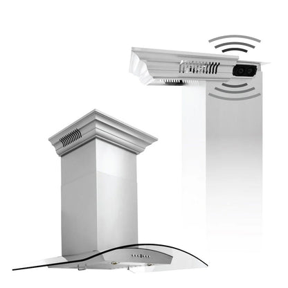 ZLINE 36 in. CrownSound™ Ducted Vent Wall Mount Range Hood in Stainless Steel and Glass with Built-in Bluetooth Speakers (KZCRN-BT-36)