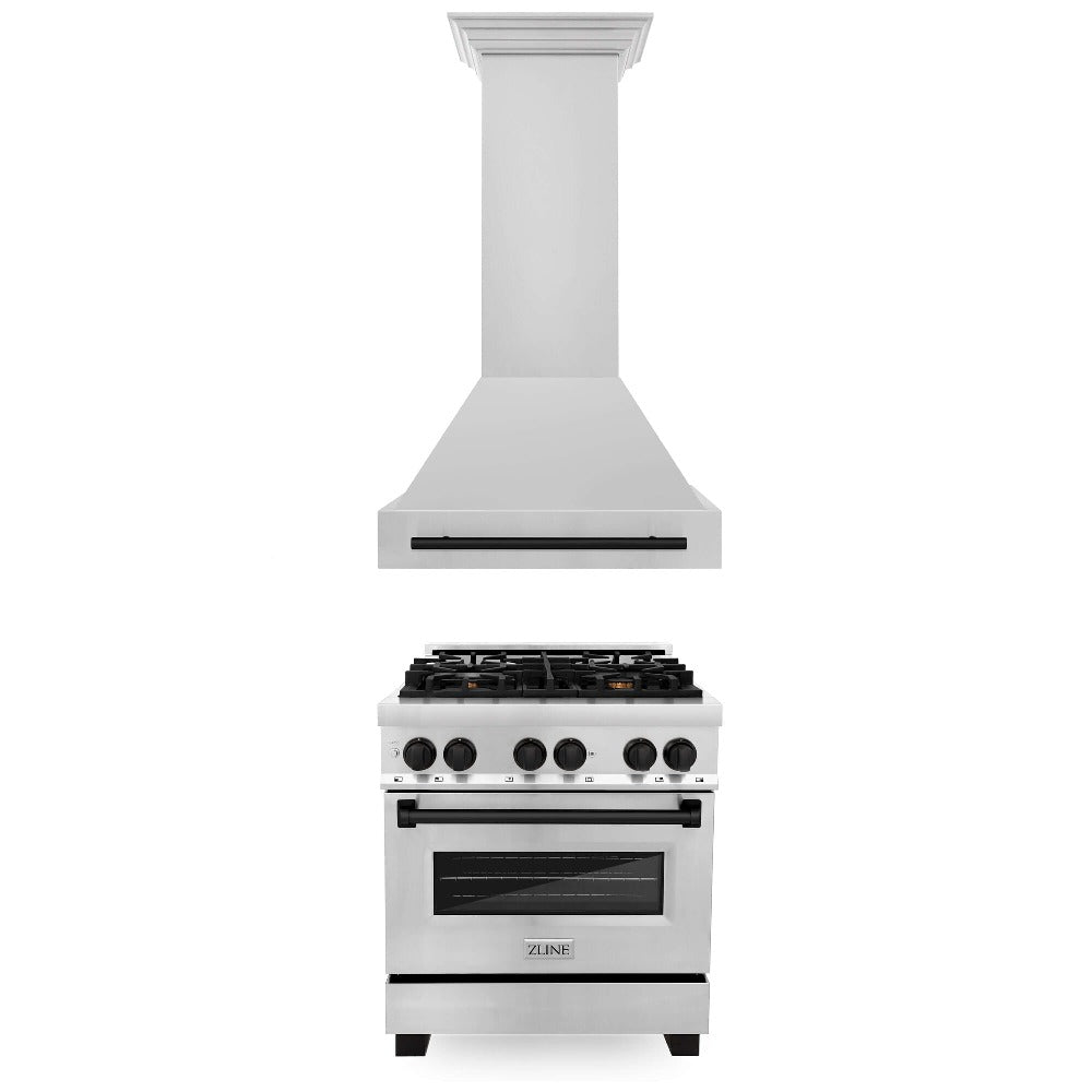 ZLINE Autograph Edition 30 in. Kitchen Package with Stainless Steel Dual Fuel Range and Range Hood with Matte Black Accents (2AKP-RARH30-MB)
