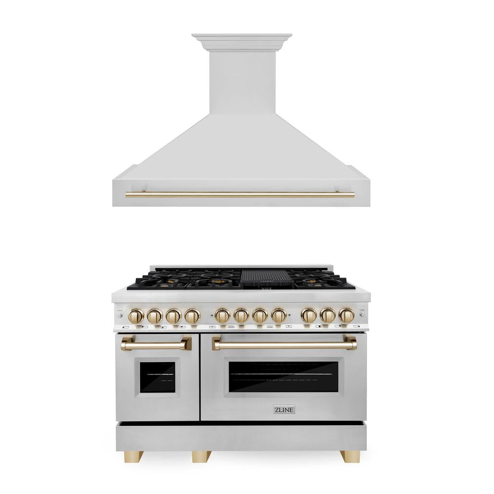 ZLINE Autograph Edition 48 in. Kitchen Package with Stainless Steel Dual Fuel Range and Range Hood with Polished Gold Accents (2AKP-RARH48-G)