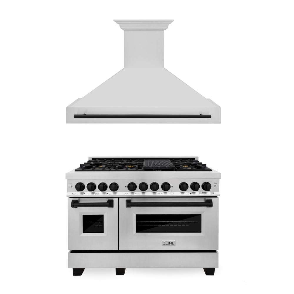 ZLINE Autograph Edition 48 in. Kitchen Package with Stainless Steel Dual Fuel Range and Range Hood with Matte Black Accents (2AKP-RARH48-MB)