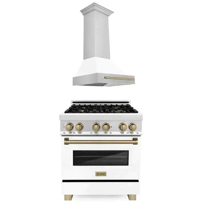 ZLINE Autograph Edition 30 in. Kitchen Package with Stainless Steel Dual Fuel Range with White Matte Door and Range Hood with Champagne Bronze Accents (2AKP-RAWMRH30-CB)