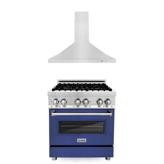 ZLINE 30 in. Kitchen Package with Stainless Steel Dual Fuel Range with Blue Matte Door and Convertible Vent Range Hood (2KP-RABMRH30)