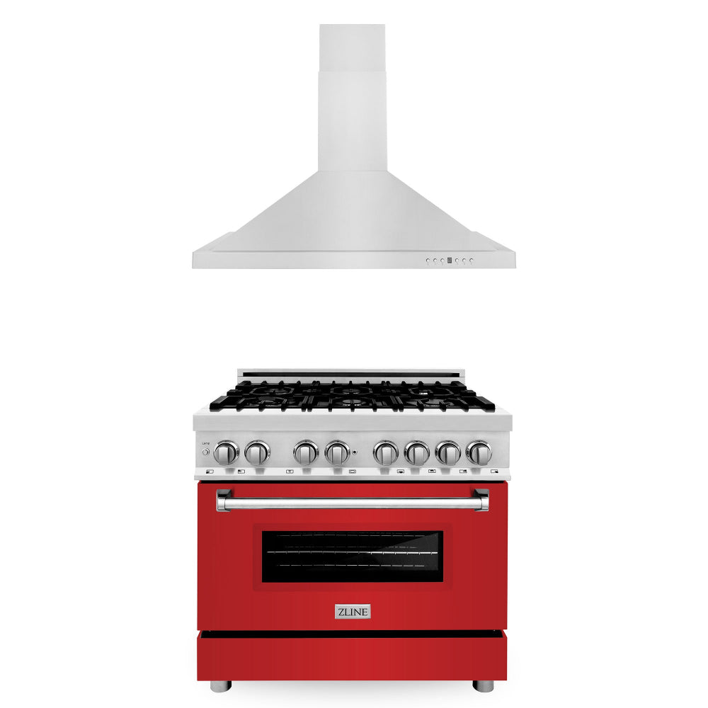 ZLINE 36 in. Kitchen Package with Satin Stainless Steel Dual Fuel Range with Red Matte Door and Convertible Vent Range Hood (2KP-RARMRH36)