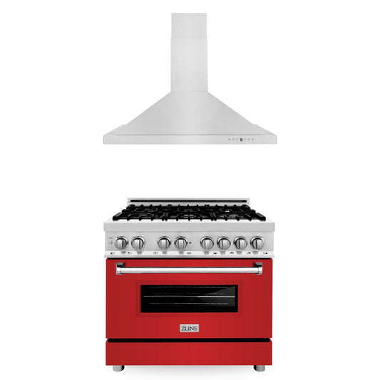 ZLINE 36 in. Kitchen Package with Satin Stainless Steel Dual Fuel Range with Red Matte Door and Convertible Vent Range Hood (2KP-RARMRH36)