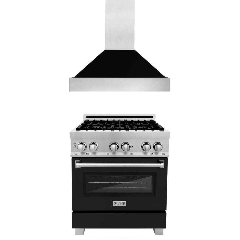 ZLINE 30 in. Kitchen Package with Satin Stainless Steel Dual Fuel Range with Black Matte Door and Convertible Vent Range Hood (2KP-RASBLMRH30)