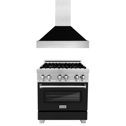ZLINE 30 in. Kitchen Package with Satin Stainless Steel Dual Fuel Range with Black Matte Door and Convertible Vent Range Hood (2KP-RASBLMRH30)
