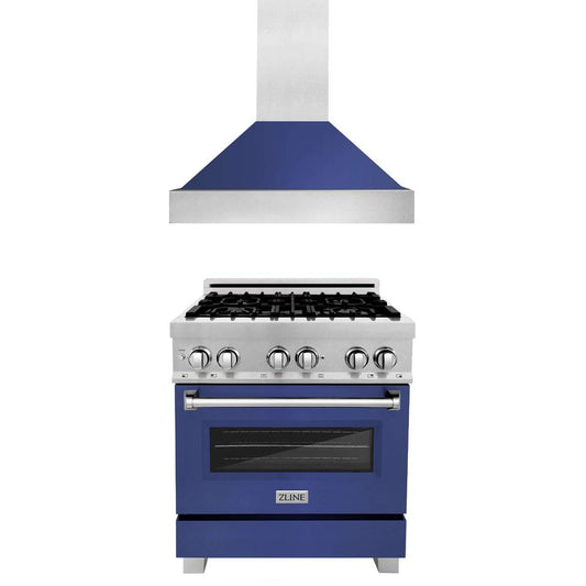 ZLINE 30 in. Kitchen Package with Satin Stainless Steel Dual Fuel Range with Blue Matte Door and Convertible Vent Range Hood (2KP-RASBMRH30)