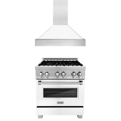 ZLINE 30 in. Kitchen Package with Satin Stainless Steel Dual Fuel Range with White Matte Door and Convertible Vent Range Hood (2KP-RASWMRH30)