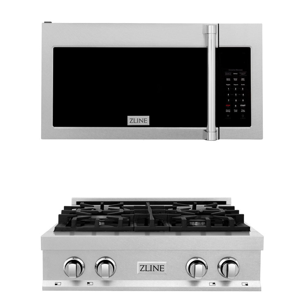 ZLINE Kitchen Package with 30 in. Satin Stainless Steel Rangetop and 30 in. Over The Range Microwave with Modern Handle (2KP-RTSOTR30)
