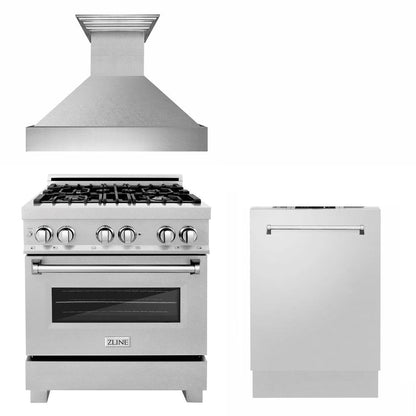 ZLINE 36 in. Kitchen Package with Satin Stainless Dual Fuel Range, Ducted Vent Range Hood and Dishwasher (3KP-RASRH36-DW)