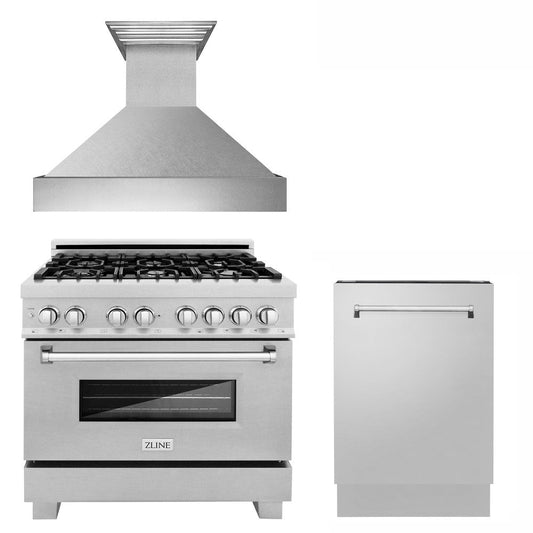 ZLINE 36 in. Kitchen Package with Satin Stainless Dual Fuel Range, Ducted Vent Range Hood and Tall Tub Dishwasher (3KP-RASRH36-DWV)