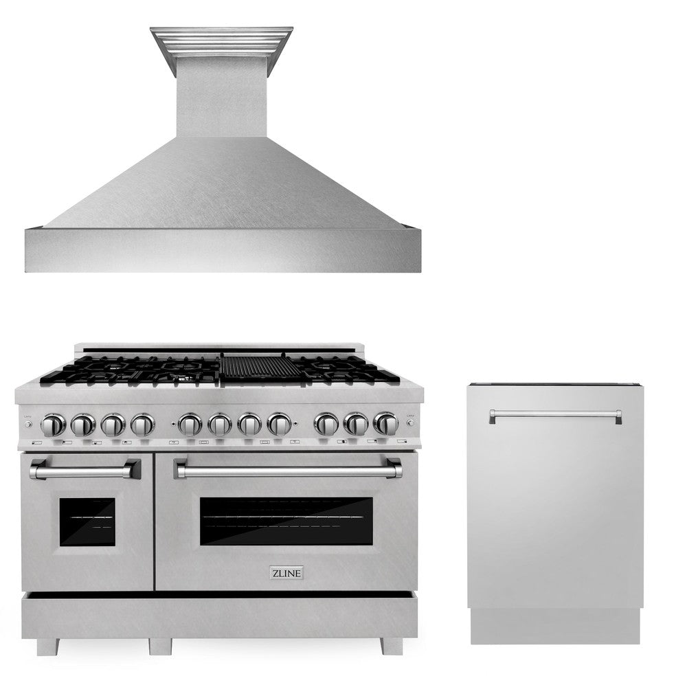 ZLINE 48 in. Kitchen Package with Satin Stainless Dual Fuel Range, Ducted Vent Range Hood and Tall Tub Dishwasher (3KP-RASRH48-DWV)