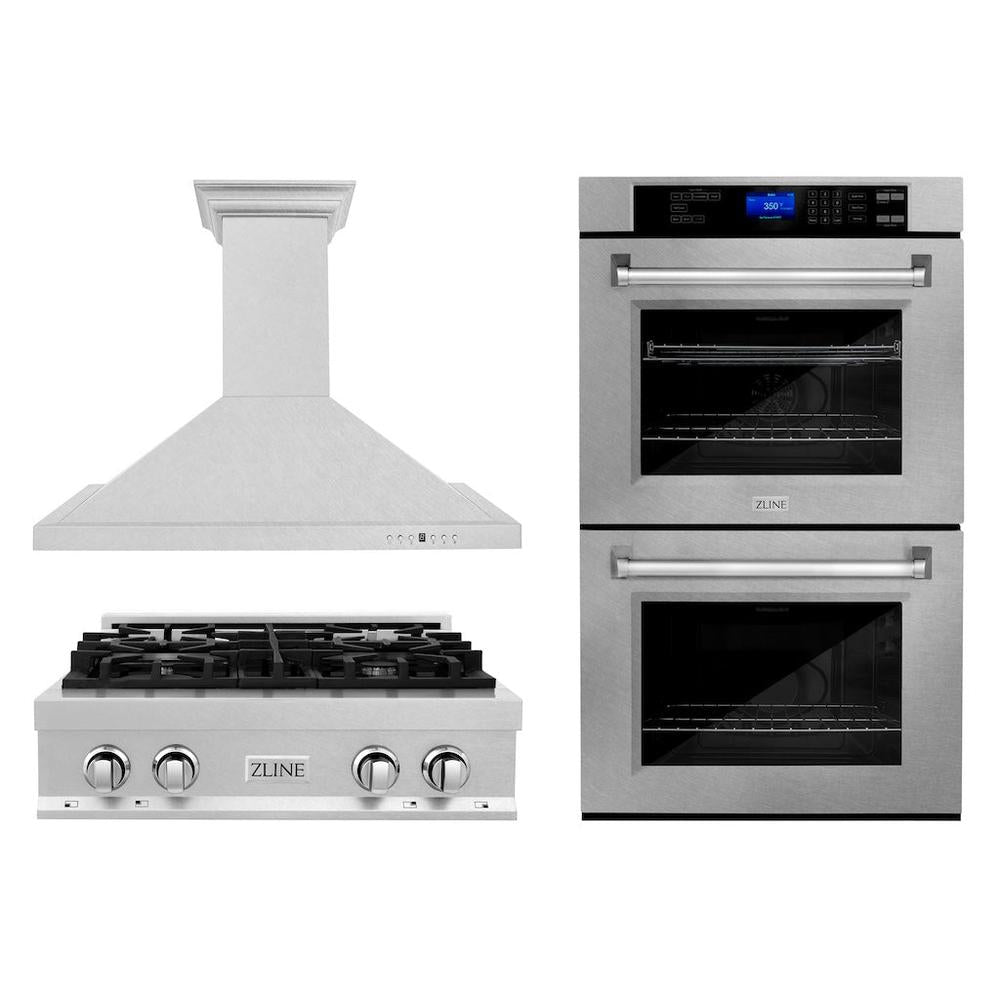 ZLINE Kitchen Package with 30 in. Satin Stainless Steel Rangetop, 30 in. Convertible Range Hood and Double Wall Oven (3KP-RTSRH30-AWD)