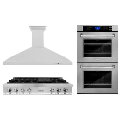 ZLINE Kitchen Package with 36 in. Satin Stainless Steel Rangetop, 36 in. Convertible Range Hood and Double Wall Oven (3KP-RTSRH36-AWD)
