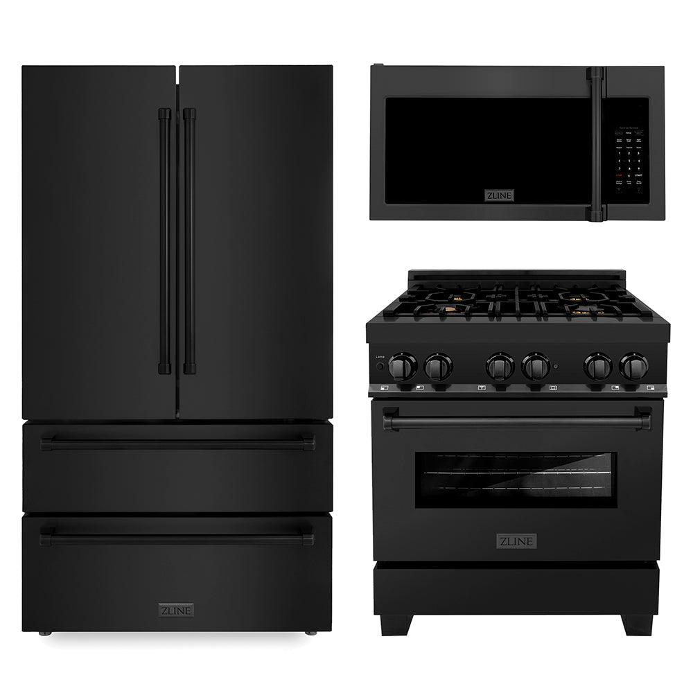ZLINE Kitchen Package with Black Stainless Steel Refrigerator, 30 in. Dual Fuel Range and 30 in. Traditional Over the Range Microwave (3KPR-RABOTRH30)