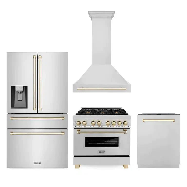 ZLINE Autograph Edition 36 in. Kitchen Package with Stainless Steel Dual Fuel Range, Range Hood, Dishwasher and Refrigerator Including External Water Dispenser with Polished Gold Accents (4AKPR-RARHDWM36-G)