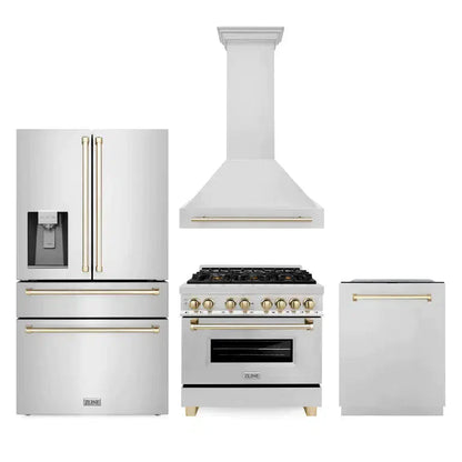 ZLINE Autograph Edition 36 in. Kitchen Package with Stainless Steel Dual Fuel Range, Range Hood, Dishwasher and Refrigerator Including External Water Dispenser with Polished Gold Accents (4AKPR-RARHDWM36-G)