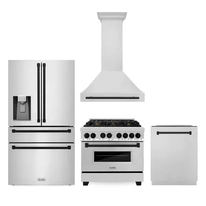 ZLINE Autograph Edition 36 in. Kitchen Package with Stainless Steel Dual Fuel Range, Range Hood, Dishwasher and Refrigerator Including External Water Dispenser with Matte Black Accents (4AKPR-RARHDWM36-MB)